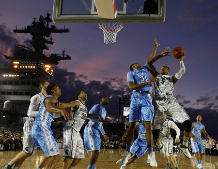 college basketball game on an aircraft carrier