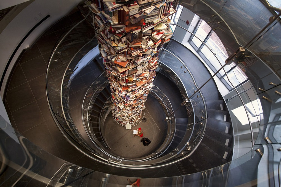 a tower made out of 15 000 books