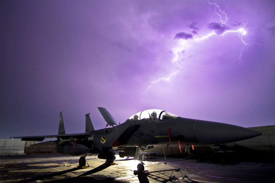 f-15e strike eagle fighter aircraf and a lightning
