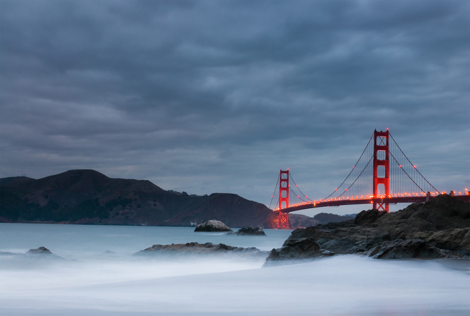 golden gate bridge in a storm