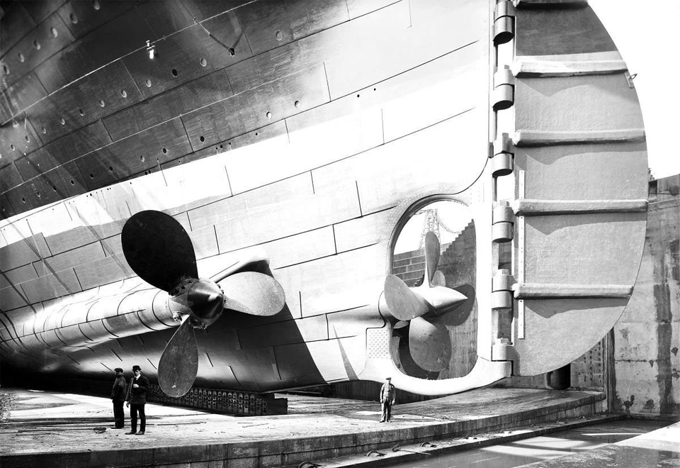 the titanic`s rudder and propellers, 1912