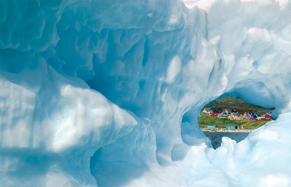greenland town narsaq through iceberg