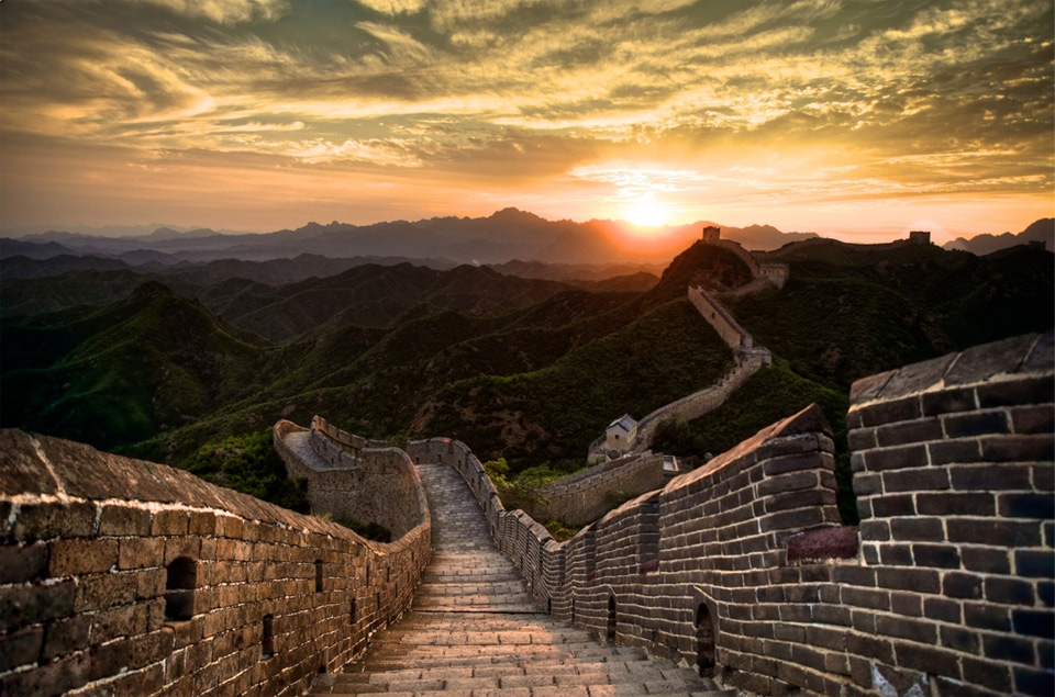 sunset over great wall of china