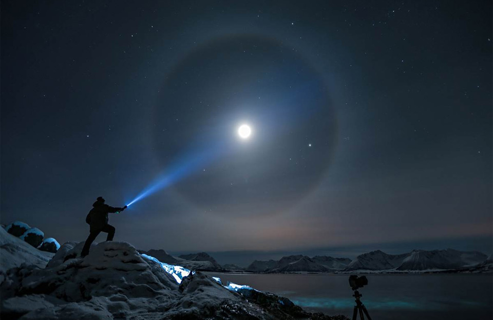 flashlight beam on the moon