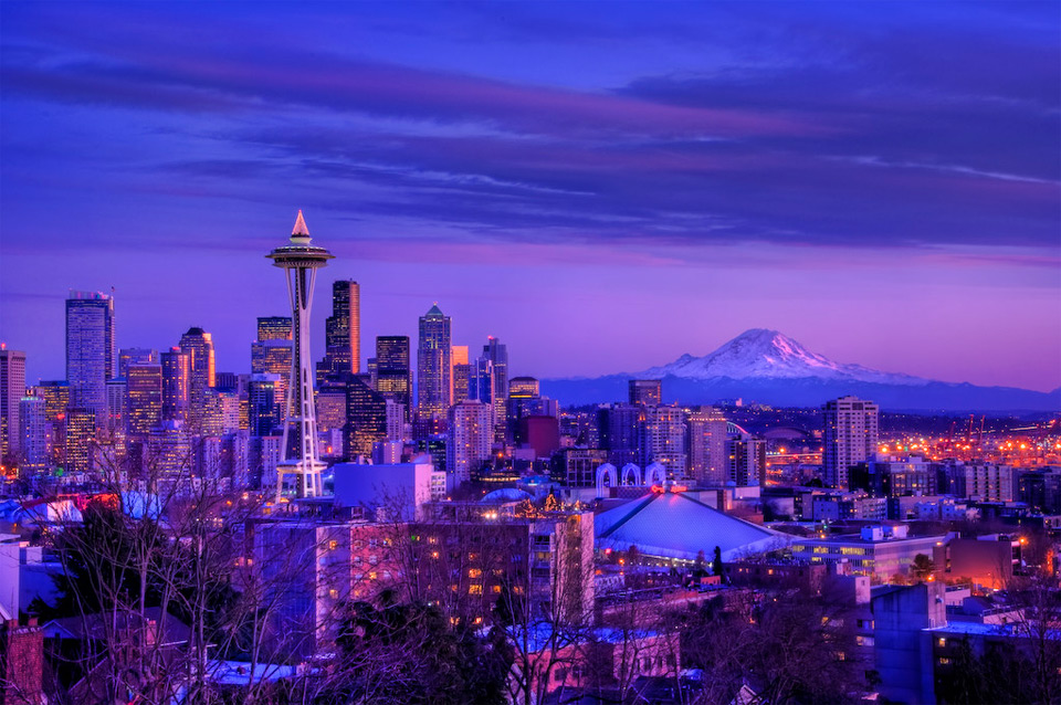 winter in seattle at dusk
