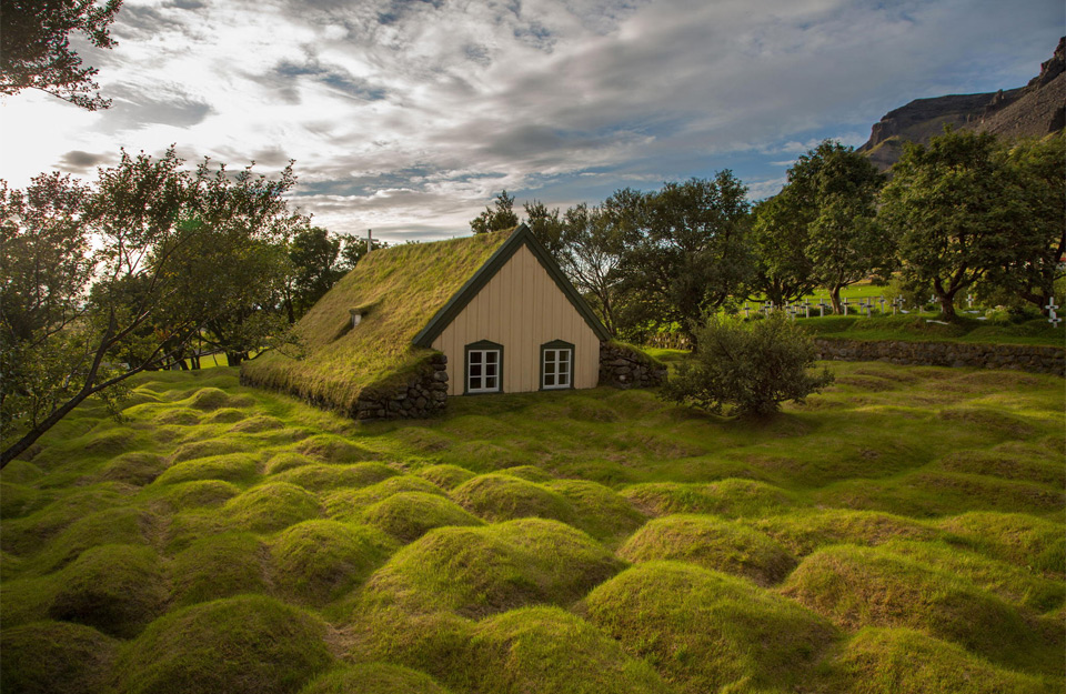 little church made from wood and peat, iceland