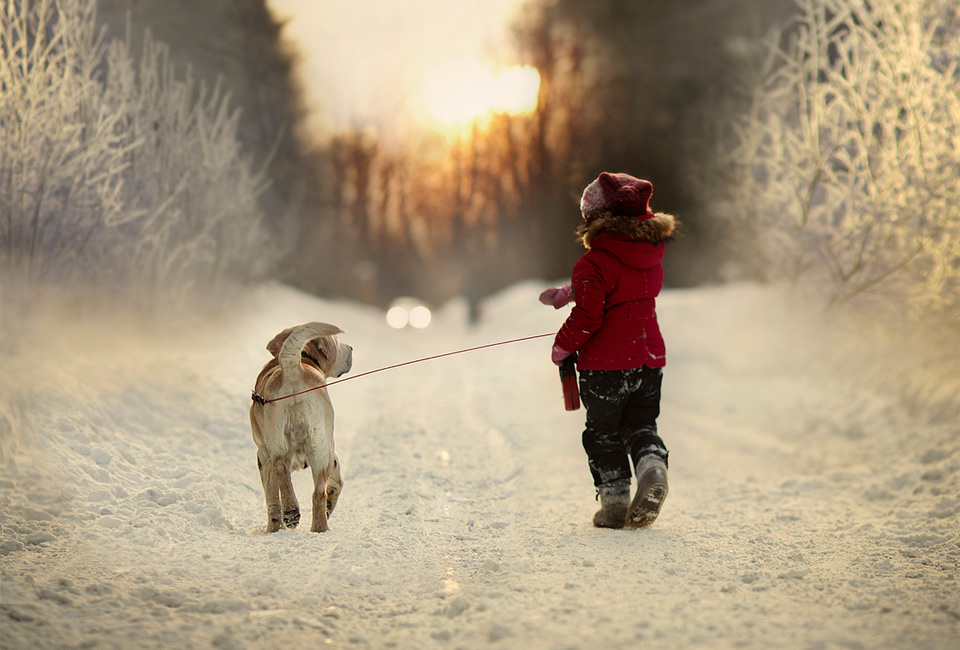 little girl and her dog, winter walk