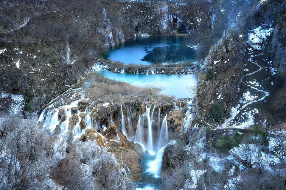 waterfalls of plitvice lake in winter, croatia