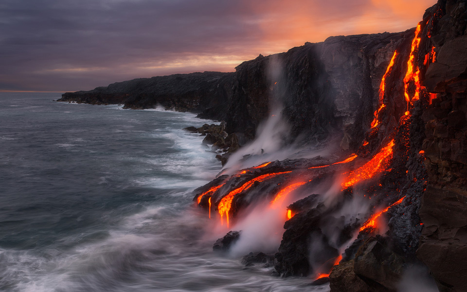 lava flow in ocean from big island, hawaii
