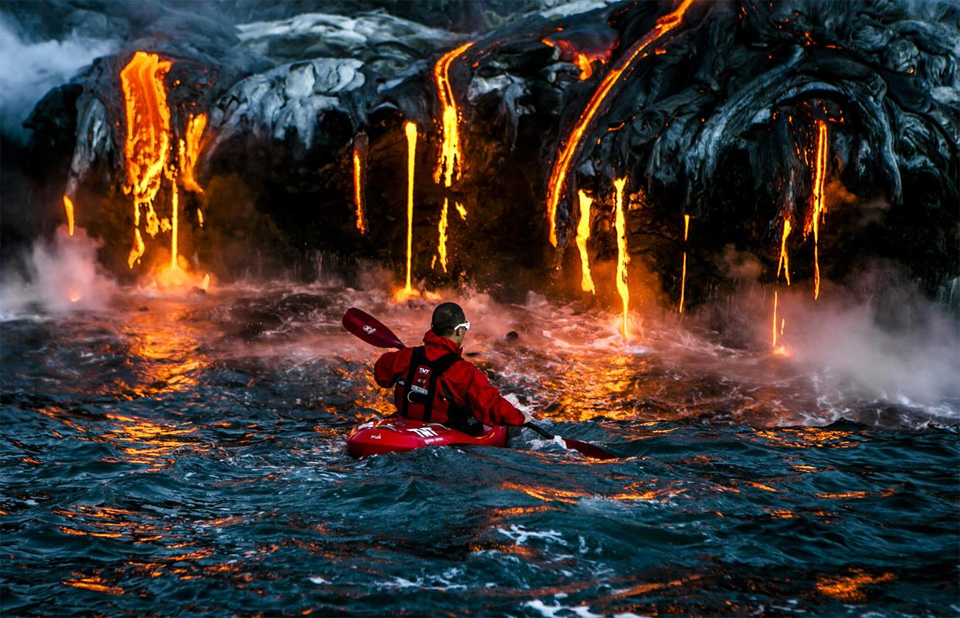 kayaking extremely close to volcano