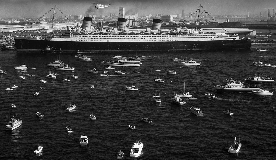 queen mary arrives in long beach, 1967
