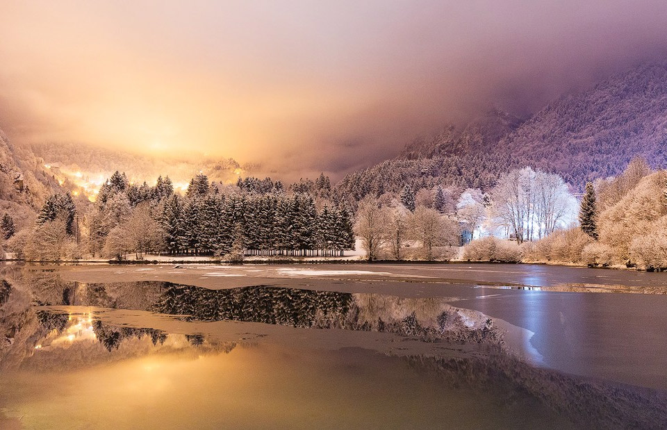 Winter Night Scenery At Lenna Lake, Italy