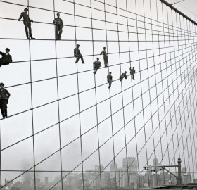 painters on the cables of the brooklyn bridge, 1914