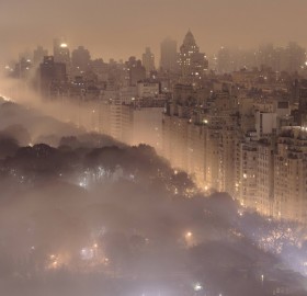 new york city at night in the fog
