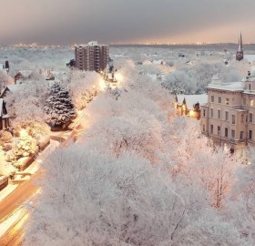 snowy dusk in liverpool, england