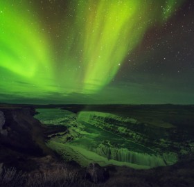 aurora lights over gulfosom, iceland