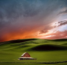 farmhouse in red sunset
