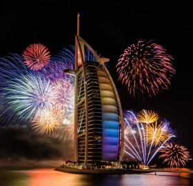 new year`s firework over burj al arab, dubai
