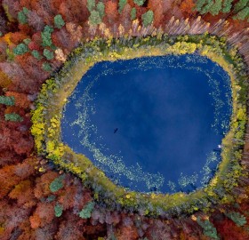 view from above on a small lake inside forest, poland