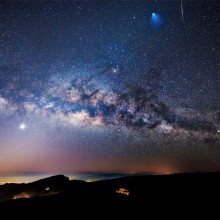 a rocket, a meteor, and the milky way in one photo