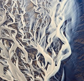 aerial shot of a river delta in iceland