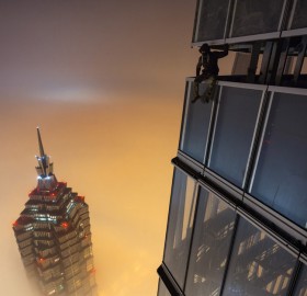 chilling above the smog in shanghai, china