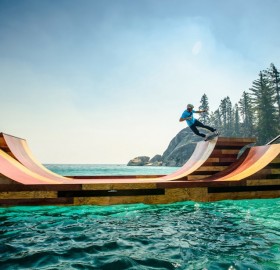 skateboarding on floating ramp