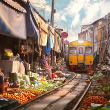 a train goes through market, bangkok
