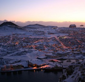 Small Town of Vestmannaeyjar in Sunset, Iceland