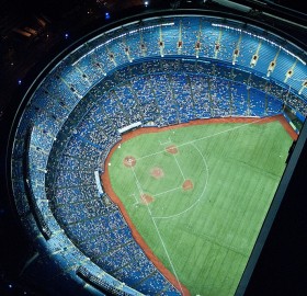 aerial view of rogers center at night, toronto
