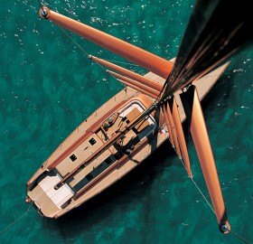 view down to the wooden modern yacht