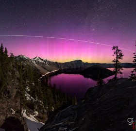 pink aurora over crater lake, oregon