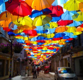 umbrella street in aveiro, portugal