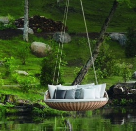 swinging couch over lake