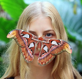 attacus atlas butterfly rests on a girl’s face