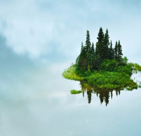reflection of small island, tumuch lake