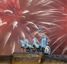 Fireworks Explode Over The Quadriga Sculpture, Berlin