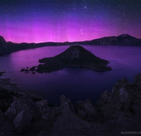 Purple Aurora Borealis Over Crater Lake, Oregon